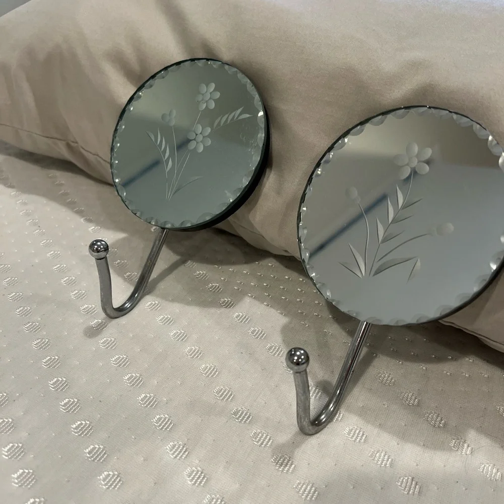Vintage Floral Etched Round Mirror Hooks set of Two - Picture 2 of 4